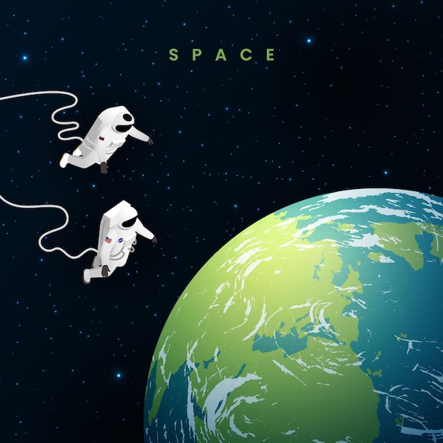 宇宙飛行士宇宙飛行士タイコノート等角図2人の宇宙飛行士が宇宙で無重力状態にあり、地球が彼らの隣にありますイラスト 無料ベクター