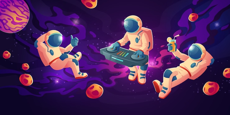 Free Vector astronaut dj with turntable in open space