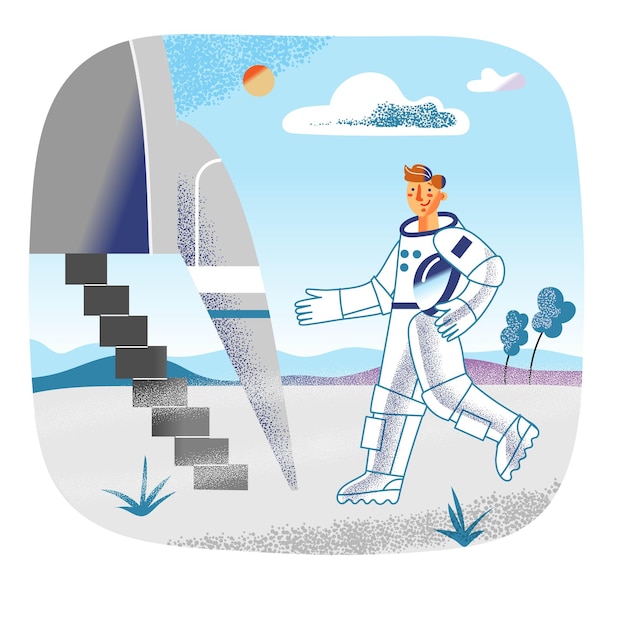 Бесплатное векторное изображение Астронавт входит в космический корабль, чтобы взлететь на землю счастливый улыбающийся мужчина входит в ракету
