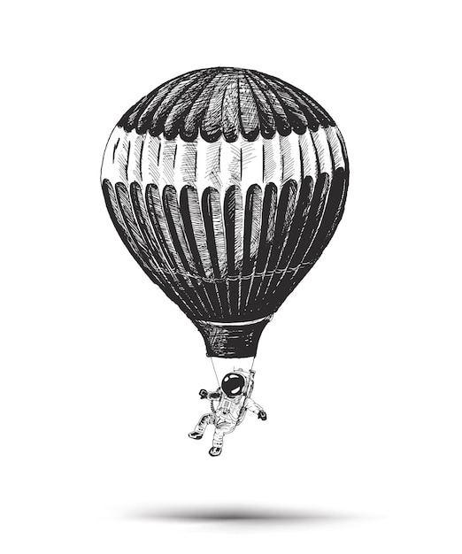 Astronaut flying in a hot balloon Hand Drawn Sketch Vector illustration