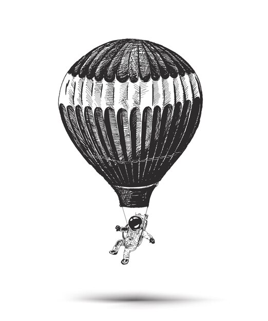 Astronaut flying in a hot balloon Hand Drawn Sketch Vector illustration