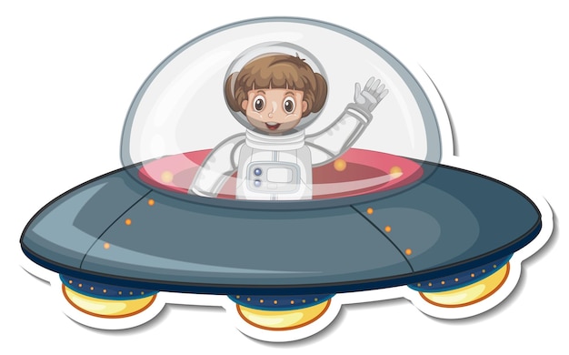 Vettore gratuito personaggio dei cartoni animati di una ragazza astronauta in ufo in stile adesivo
