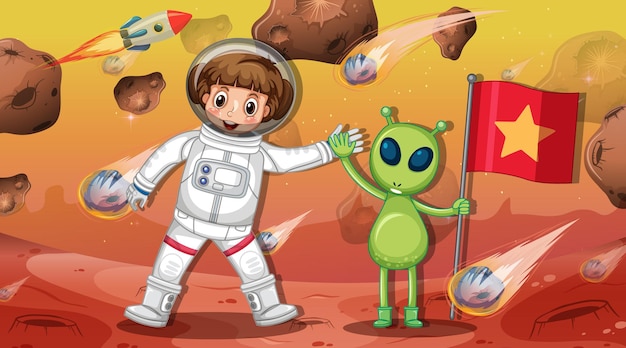 우주 장면에서 소행성에 외계인이 서 있는 우주 비행사 소녀