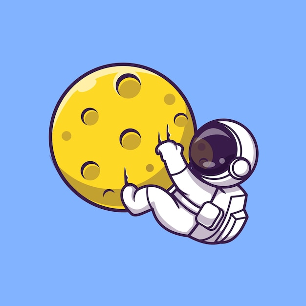 Astronaut Hanging On Moon Cartoon Vector Icon Illustration. Science Technology Icon Concept Isolated Premium Vector. Flat Cartoon Style