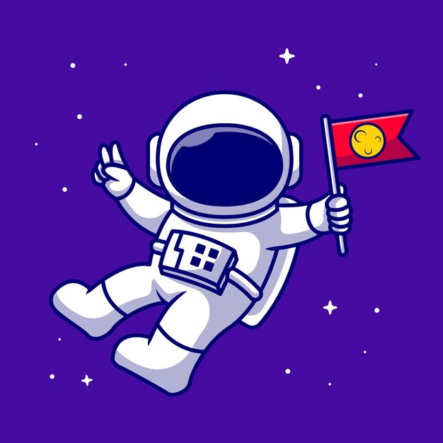 宇宙飛行士は、宇宙漫画のアイコンイラストで旗を保持しています。分離されたテクノロジー空間アイコン。フラット漫画スタイル