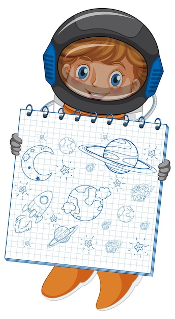 Un astronauta in possesso di un taccuino con un disegno di schizzo di doodle su whi