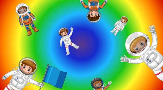 虹の勾配の背景で飛んでいる宇宙飛行士の子供たち