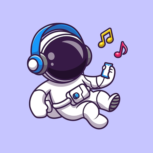 宇宙飛行士は、ヘッドフォン漫画ベクトルアイコンイラストで音楽を聴いています。科学技術アイコンコンセプト分離プレミアムベクトル。フラット漫画スタイル