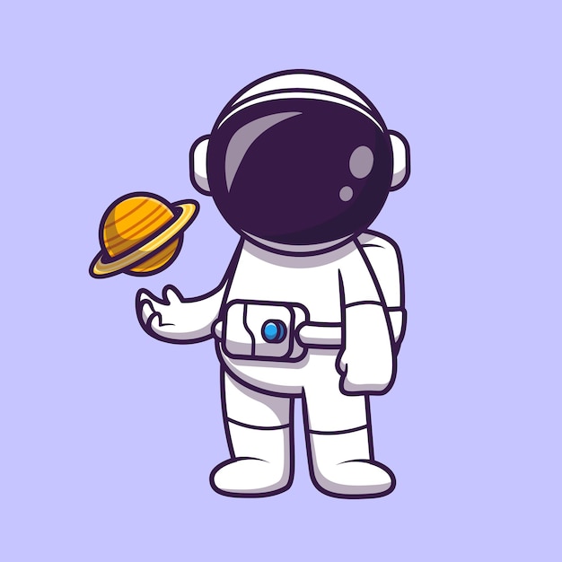 惑星ボール漫画ベクトルアイコンイラストを再生する宇宙飛行士