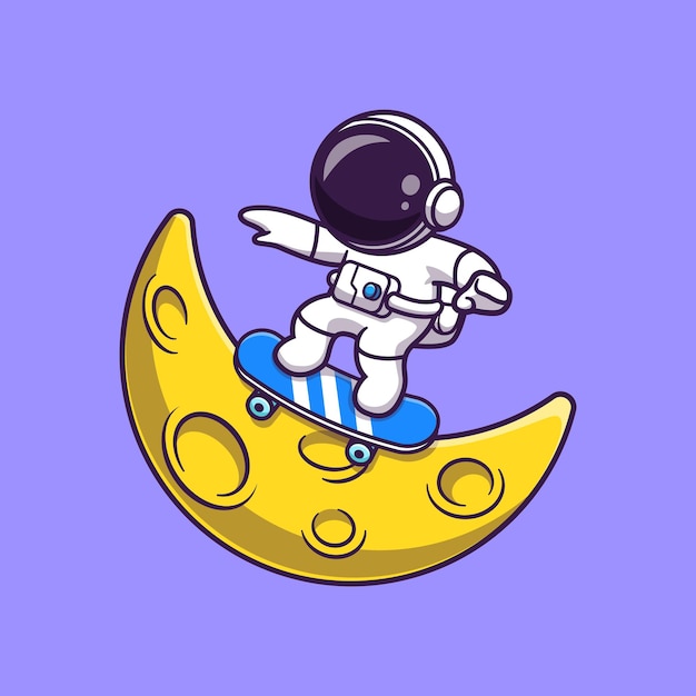 Астронавт играет на скейтборде на луне мультфильм векторные иллюстрации значок. Концепция значок спорта науки изолированные Premium векторы. Плоский мультяшном стиле