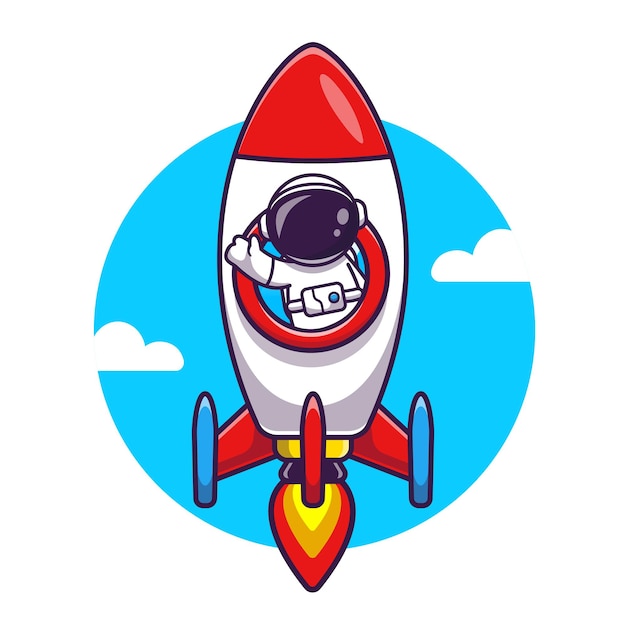 우주 비행사 타고 로켓 만화 벡터 아이콘 그림입니다. 과학 기술 아이콘 개념 절연 프리미엄 벡터입니다. 플랫 만화 스타일