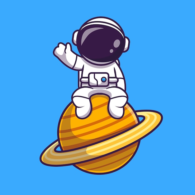 惑星に座って手を振る宇宙飛行士漫画ベクトルアイコンイラスト。科学技術アイコンコンセプト分離プレミアムベクトル。フラット漫画スタイル