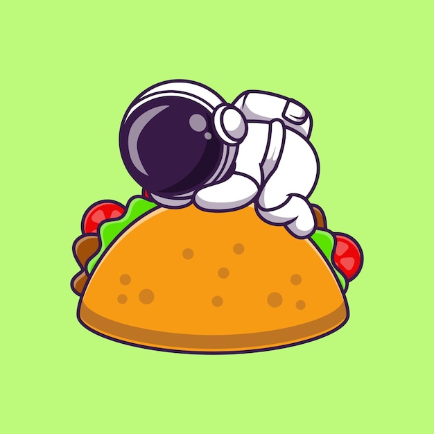 타코 음식 만화 벡터 아이콘 그림에서 잠자는 우주 비행사. 과학 식품 아이콘 개념 절연 프리미엄 벡터입니다. 플랫 만화 스타일