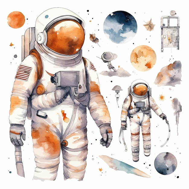 Astronaut and Space Watercolor Clipart Set white background
