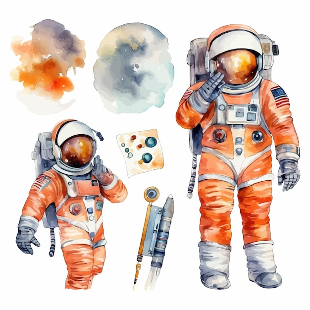 Astronaut and Space Watercolor Clipart Set white background