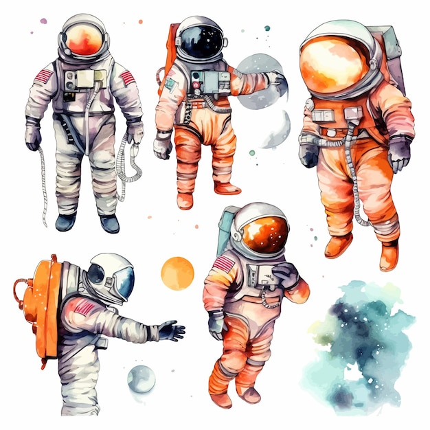 Astronaut and space watercolor clipart set white background