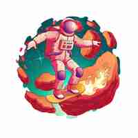 Free vector astronaut in spacesuit riding skateboard with fire from wheels on asteroids belt in outer space cartoon vector icon isolated. future teenager fantastic pleasure and fun concept