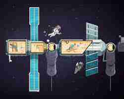 Free vector astronauts in open space and international orbital station inside and outside cartoon illustration