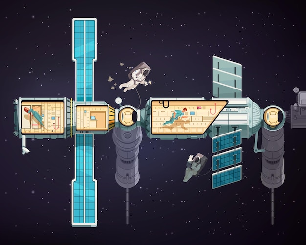 Astronauts in open space and international orbital station inside and outside cartoon illustration