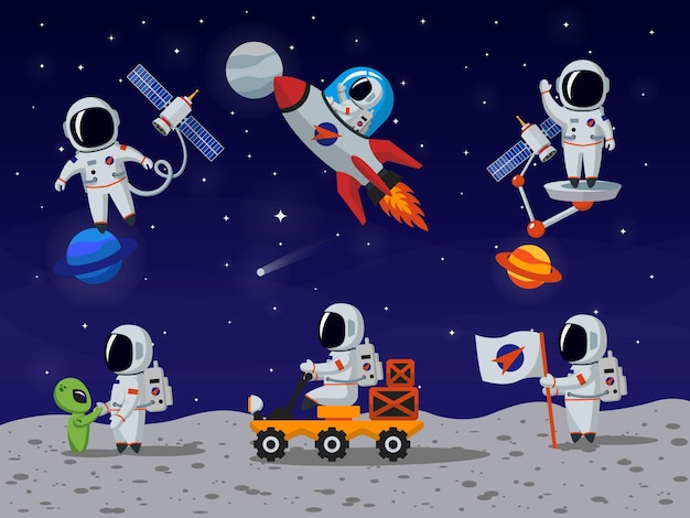 Набор векторных символов космонавтов в плоском мультяшном стиле. Мультфильм космонавта, персонаж-космонавт, человек-космонавт, иллюстрация человека-космонавта