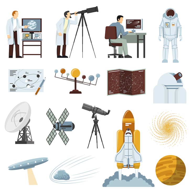 Free Vector astronomy research equipment flat icons collection 