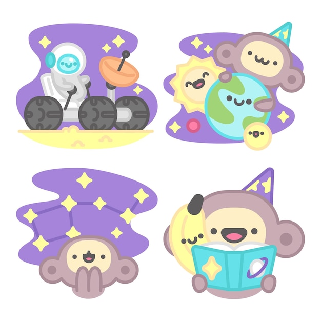 Free vector astronomy stickers collection with monkey and banana