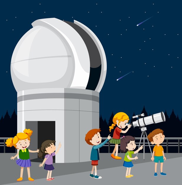 Astronomy theme with kids looking at stars