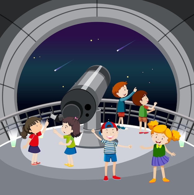 Tema di astronomia con molti bambini che guardano le stelle