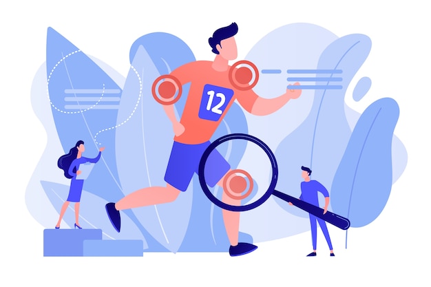 Athlete running and tiny people physicians treating injuries. sports medicine, sports medical services, sports physician specialist concept. pinkish coral bluevector vector isolated illustration
