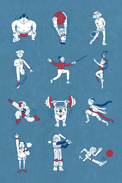 Athletes doodle character collection vector