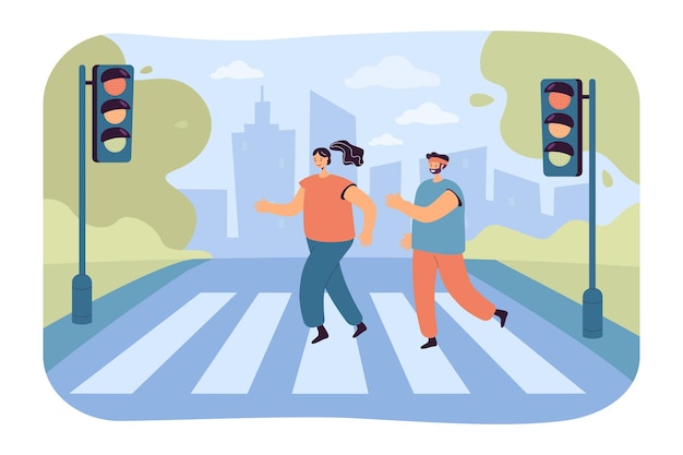Спортсмены бегут по пешеходному переходу с плоской векторной иллюстрацией. мужчина и женщина в спортивной одежде бегают вместе утром в городском парке. спорт, фитнес-концепция для баннера, дизайна веб-сайта или целевой веб-страницы