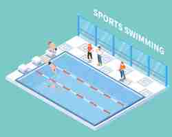 Free vector athletes and trainers during sports swimming workout in public pool isometric composition on turquoise