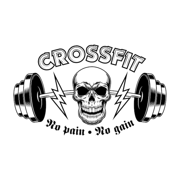 無料ベクター アスレチックジム。 crossfitヴィンテージエンブレム、バーベル付きボディービルダースカル