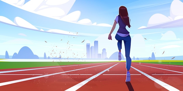Athletic woman run on stadium, sport workout, fit girl rear view running on cityscape background. female character fitness, jogging exercise or marathon, outdoor training, cartoon vector illustration