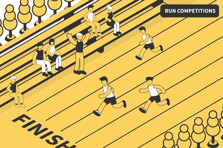 Free Vector athletics run sport competitions isometric composition with view of athletic track finish line with moving runners