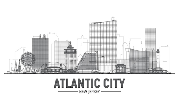 アトランティックシティニュージャージーラインスカイライン白い背景フラットベクトルイラストビジネス旅行と観光のコンセプトモダンな建物バナーやウェブサイトの画像