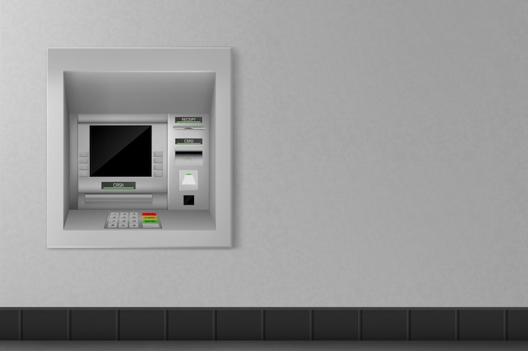 Free Vector atm automated teller machine on grey wall. banking