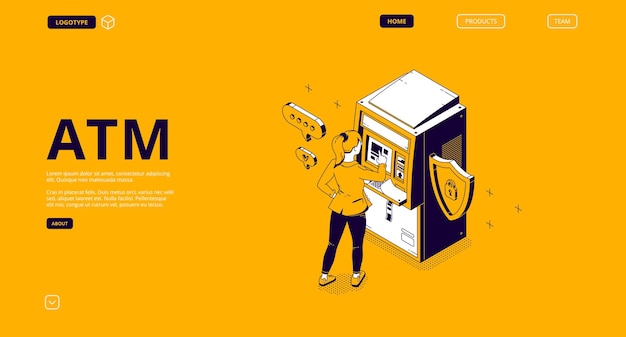 Atm, landing page isometrica di cassiere automatizzato