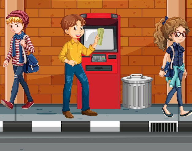 Free vector atm machine street scene with people