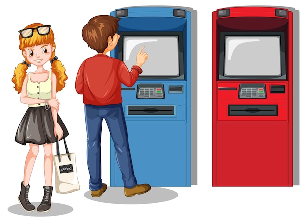 Vettore gratuito bancomat con personaggio dei cartoni animati di persone