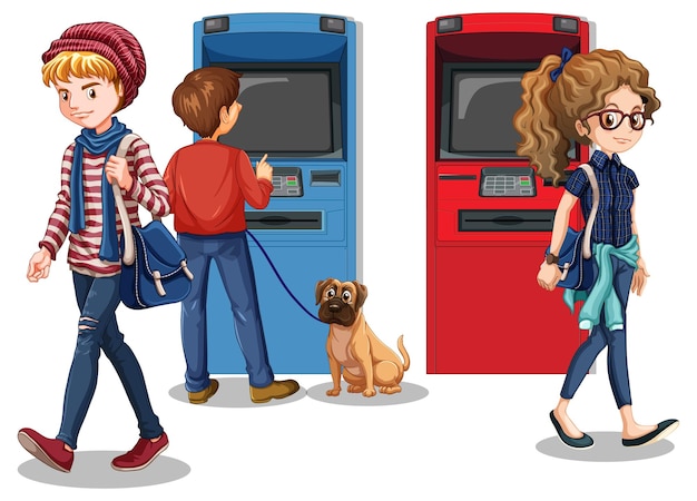 Free vector atm machine with people cartoon character