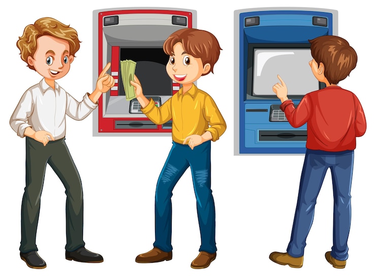 Free Vector atm machine with people cartoon character