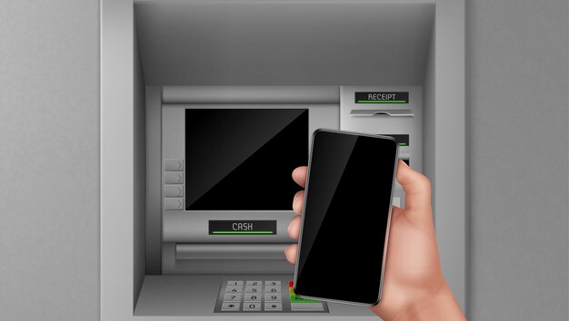 Atm and mobile phone in hand. 
