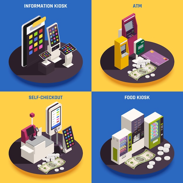 Free vector atm self checkout information and food kiosk with interactive interfaces isometric isolated illustration