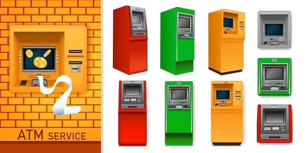 Free vector atm service composition with machines of different colours isolated on white background vector illustration