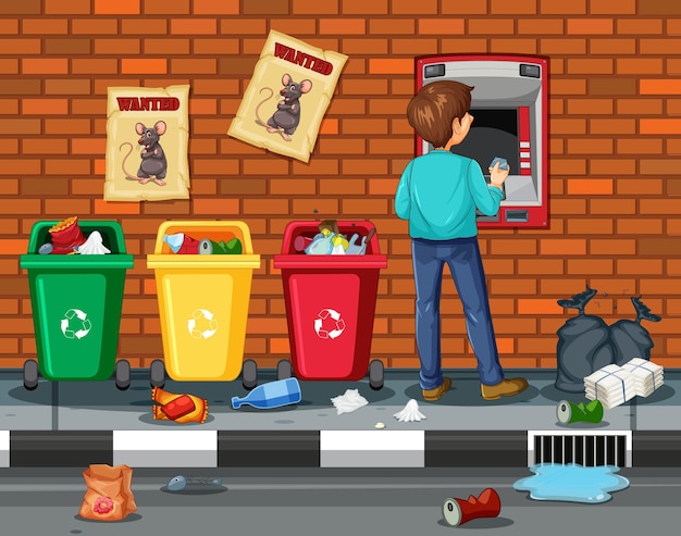 Atm on street scene with a man withdraw money