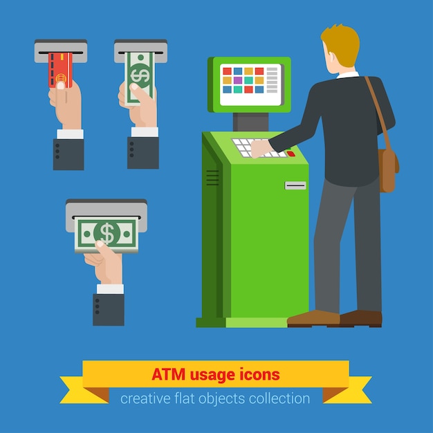 ATM terminal usage bank credit card money banknote s. Payment options banking finance money flat   isometric  . Creative people collection.