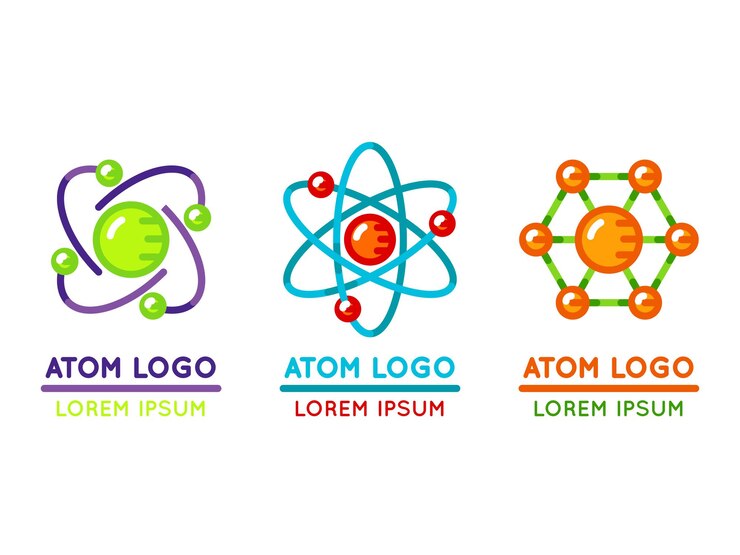 Free Vector atom logo set in flat style. microscopic nuclear particle.