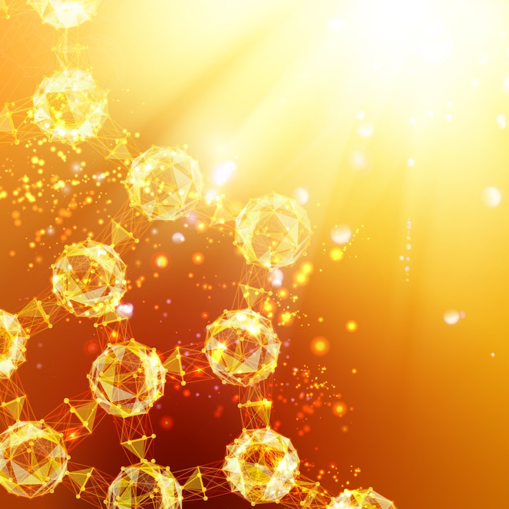 Free Vector atom particles over orange background with shining sparks.