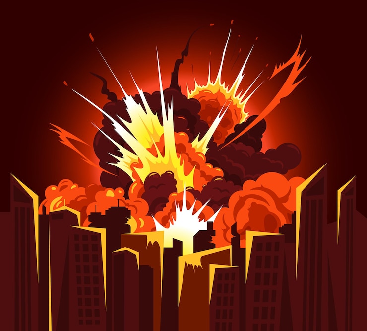 Free Vector atomic bomb explosion bang producing fiery debris clouds with bright heat glow colors cityscape illustration